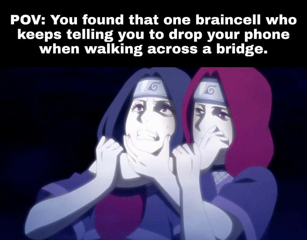 Naruto braincell meme telling you to drop phone when walking across bridge