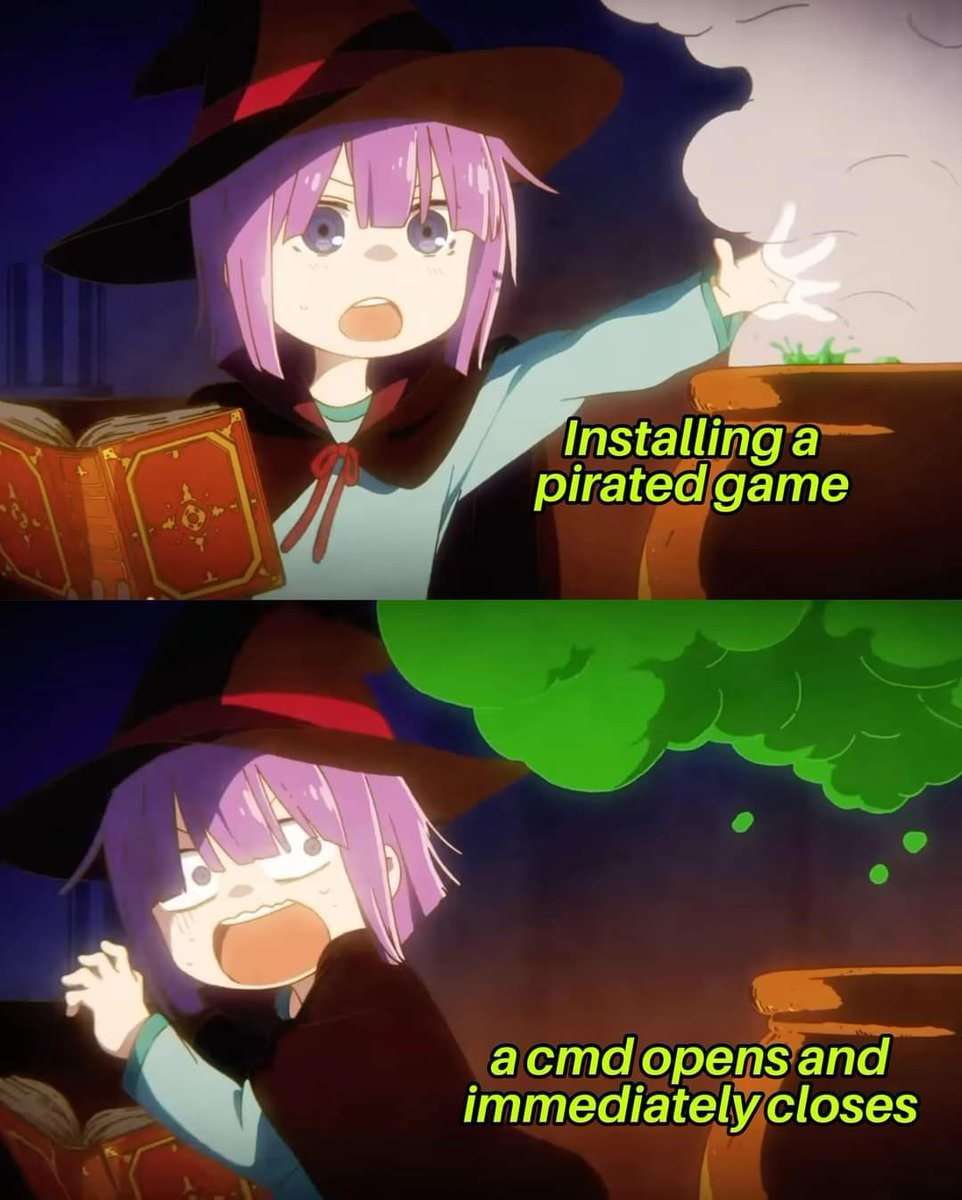 Little witch meme installing pirated game panics when cmd opens and immediately closes