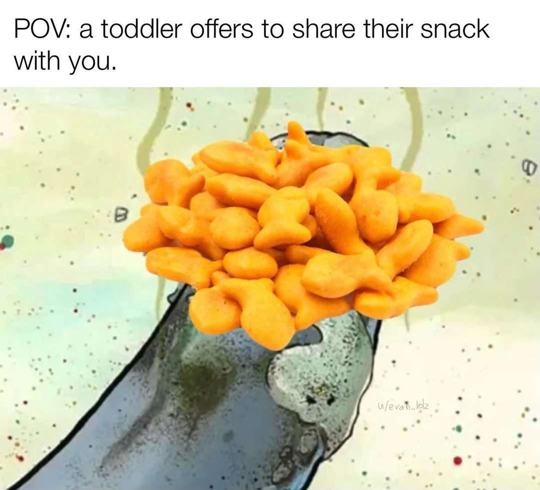 Goldfish cracker bouquet meme offered by toddler to share snack with you