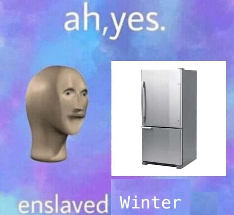 Meme man meme staring at refrigerator realizing enslaved winter