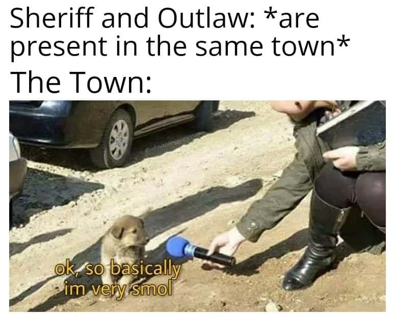 Puppy meme interviewed saying it is very small when sheriff and outlaw are in same town
