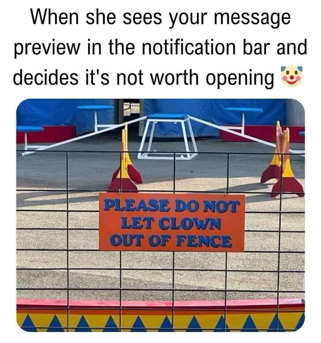 Clown meme ignored when she sees message preview in notification bar