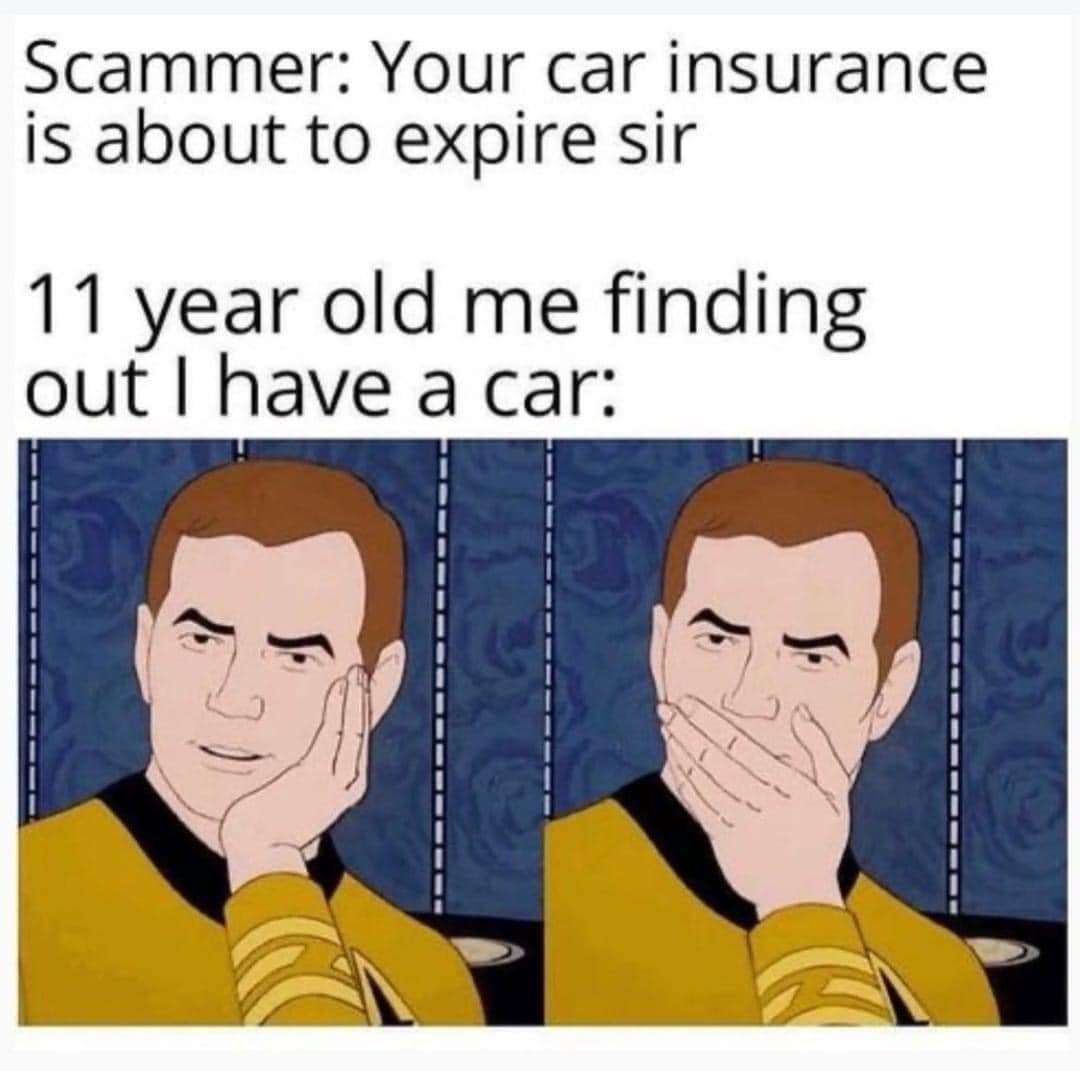 Hand on mouth star trek meme about scam call car insurance