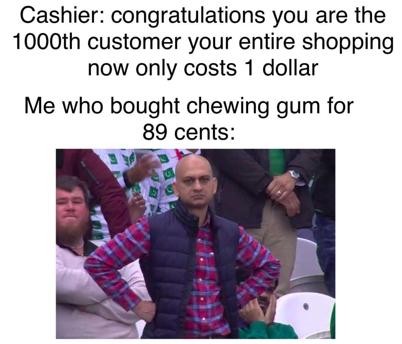 Disappointed bald hands on hips cricket fan meme processing a totally useless win