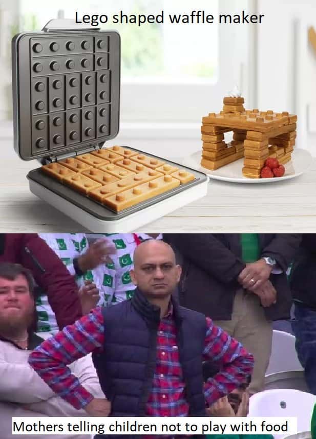 Stern bald man hands on hips meme judging the lego shaped waffle maker