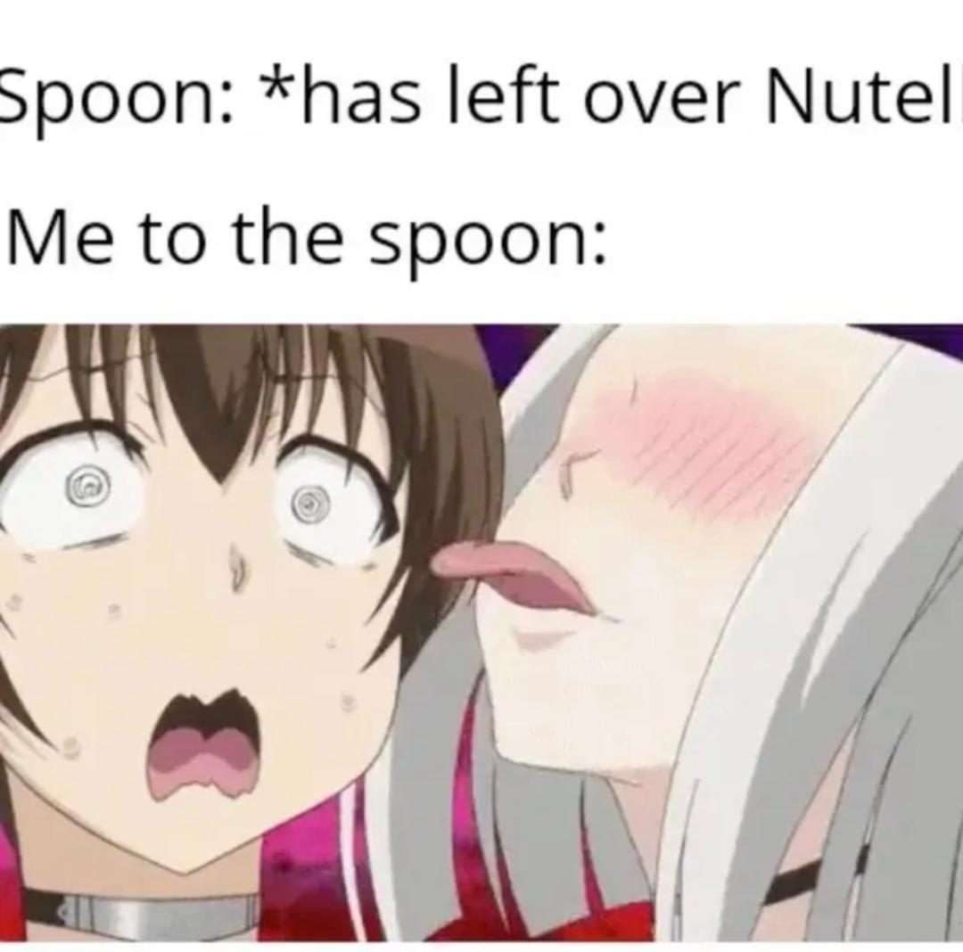 Anime girl meme licking leftover nutella off spoon next to shocked friend