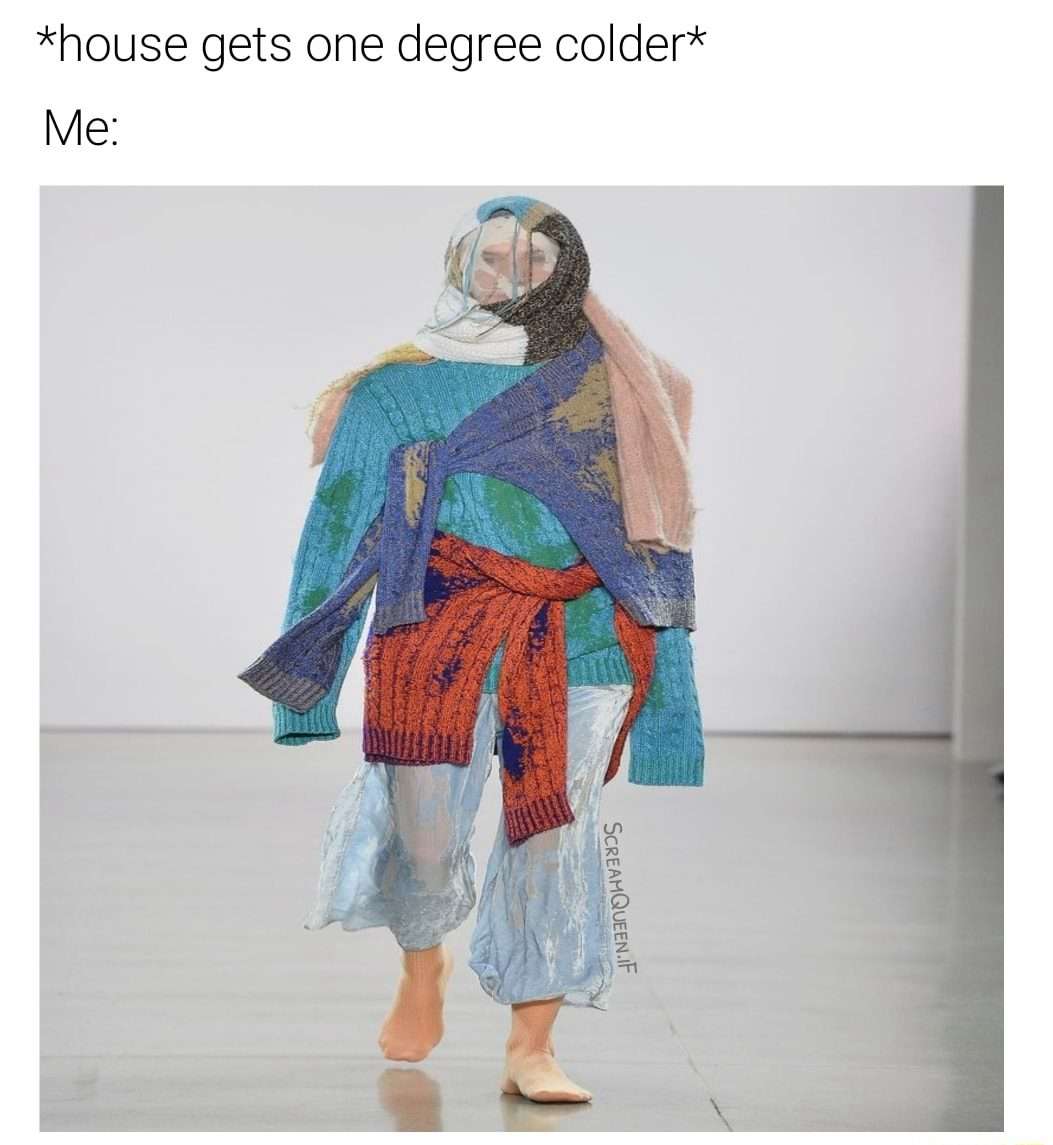 Overdressed person meme bundles up when house gets colder