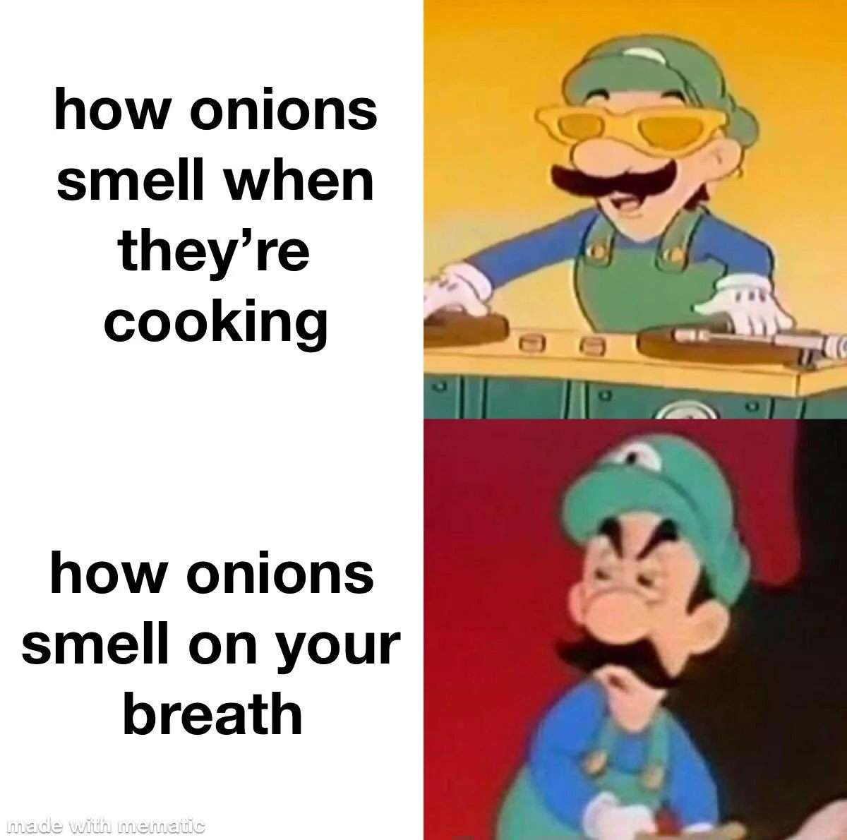 Luigi meme disgusted by onion breath after cooking