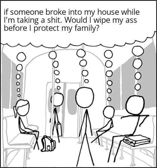 Stick figure meme wondering if he wipes ass before protecting family during home break in