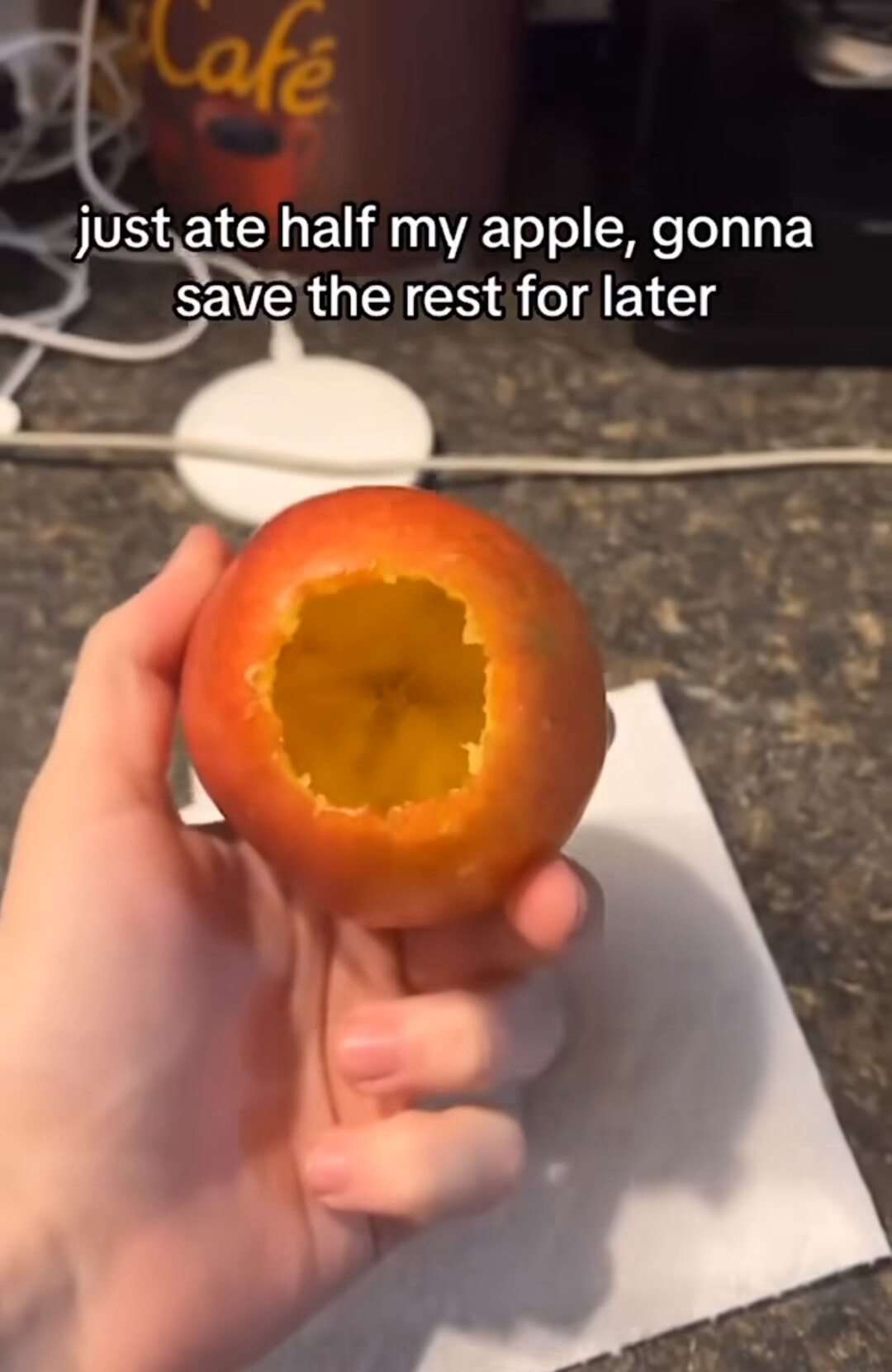 Hollowed apple meme person thinks they only ate half to save rest for later