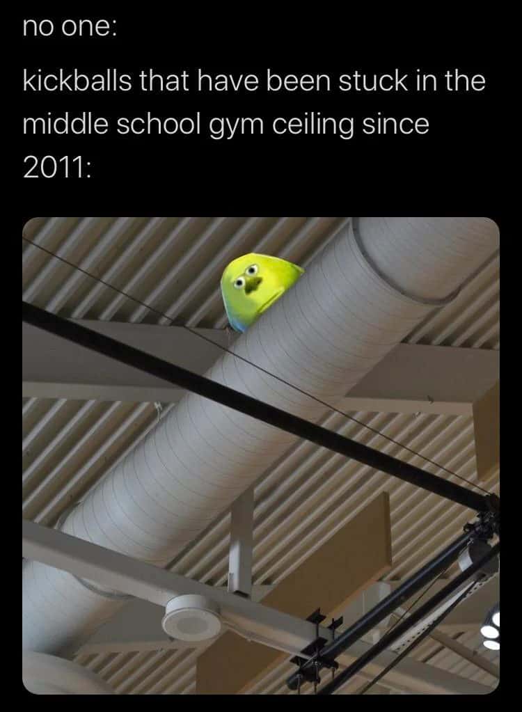 Kickball meme stuck in middle school gym ceiling