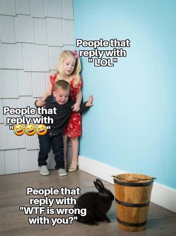 Kids scared of rabbit meme cower in corner reacting to different chat replies
