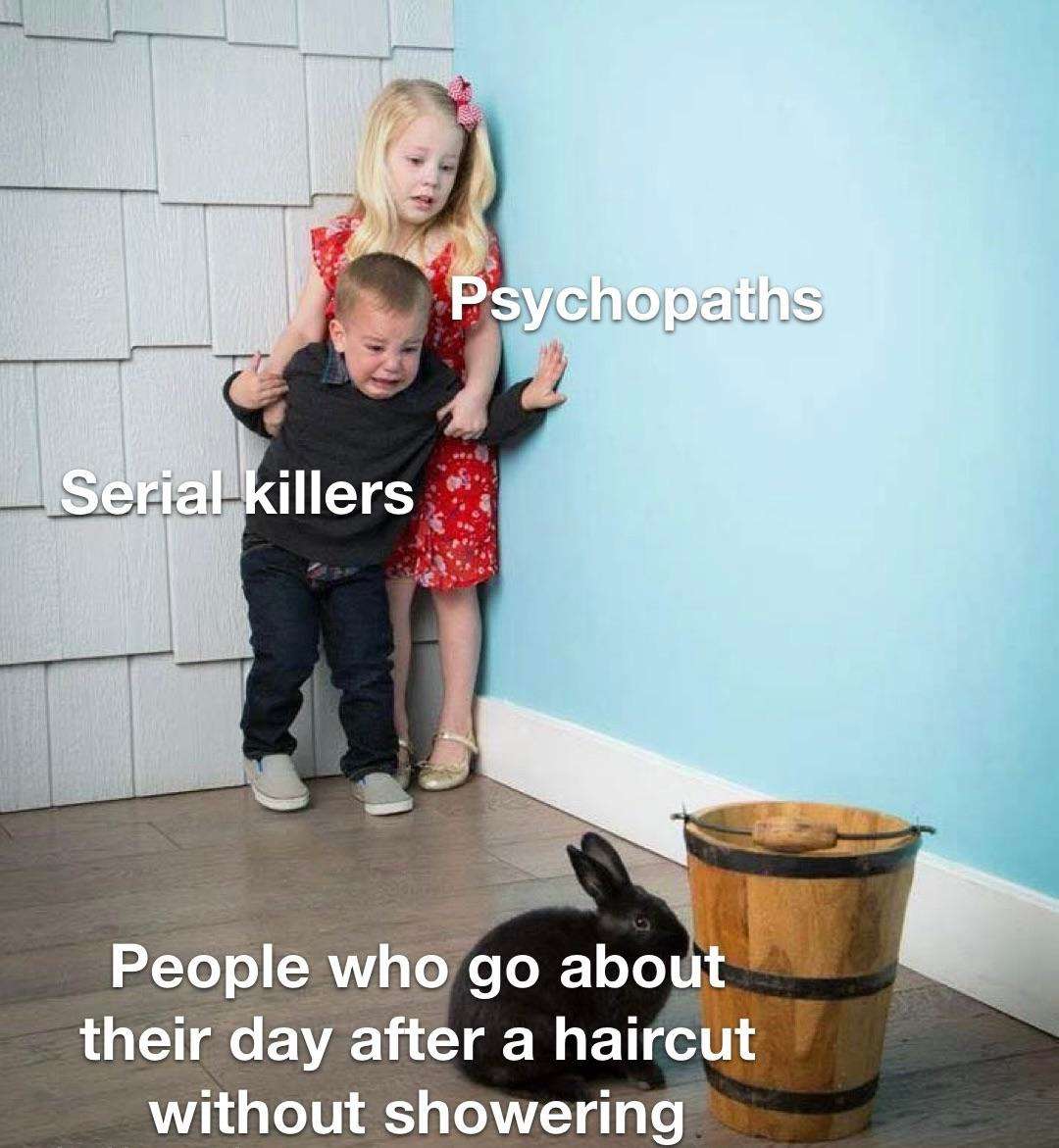 Kids scared of rabbit meme terrified of people not showering after haircut