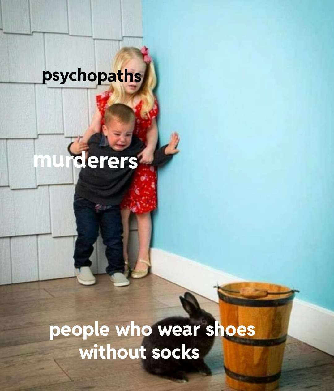 Kids scared of rabbit meme cowering in corner terrified of people who wear shoes without socks