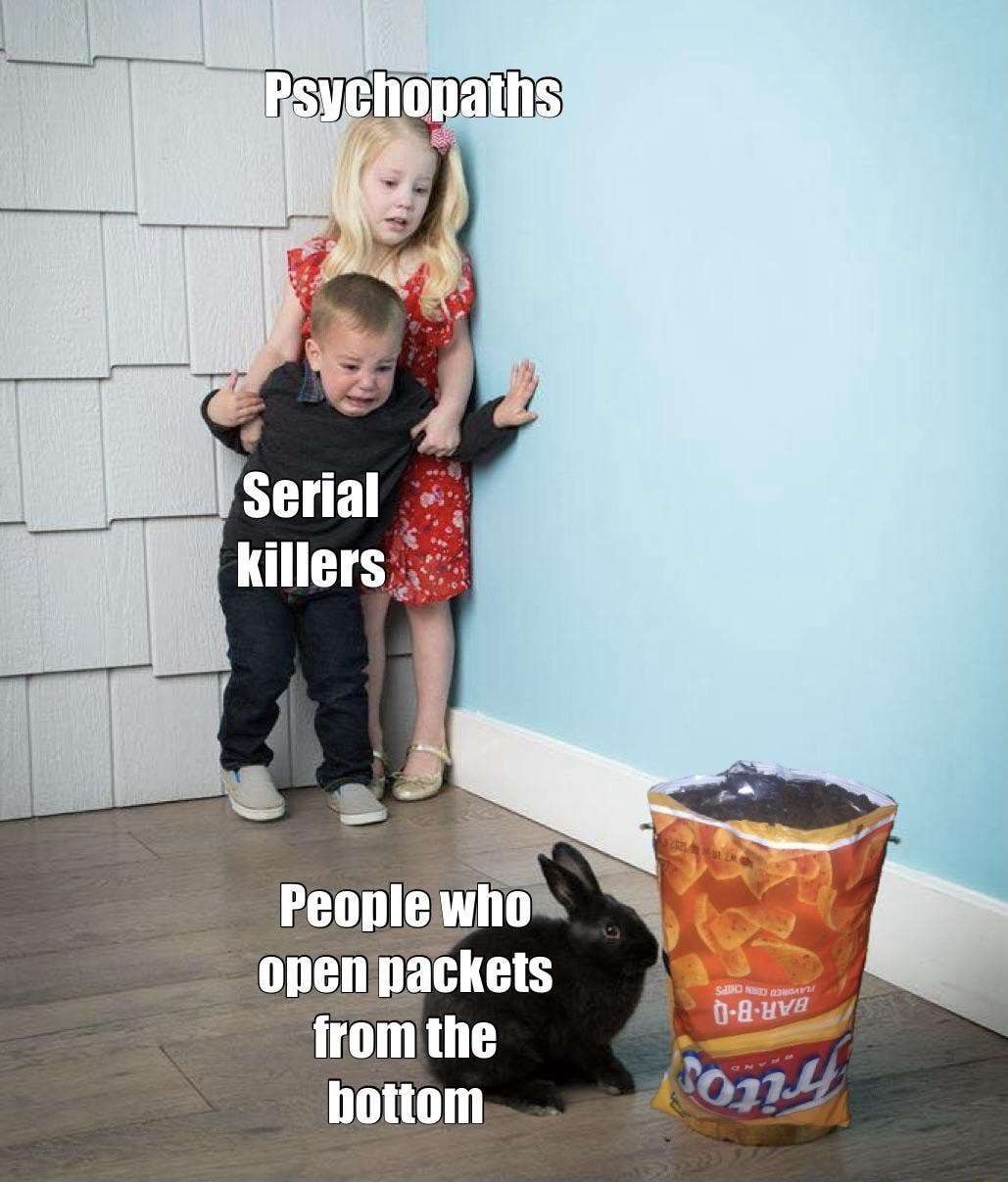 Kids scared of rabbit meme huddle against wall terrified of people who open packets from the bottom