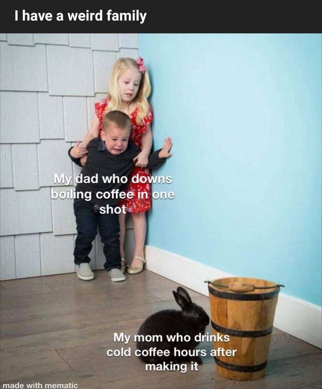 Kids scared of rabbit meme showing weird family opposite coffee drinking habits