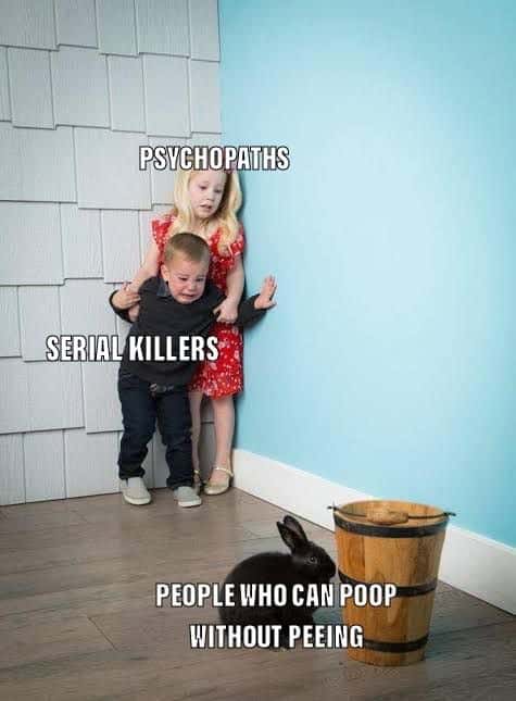 Kids scared of rabbit meme cowering in corner terrified of people who poop without peeing