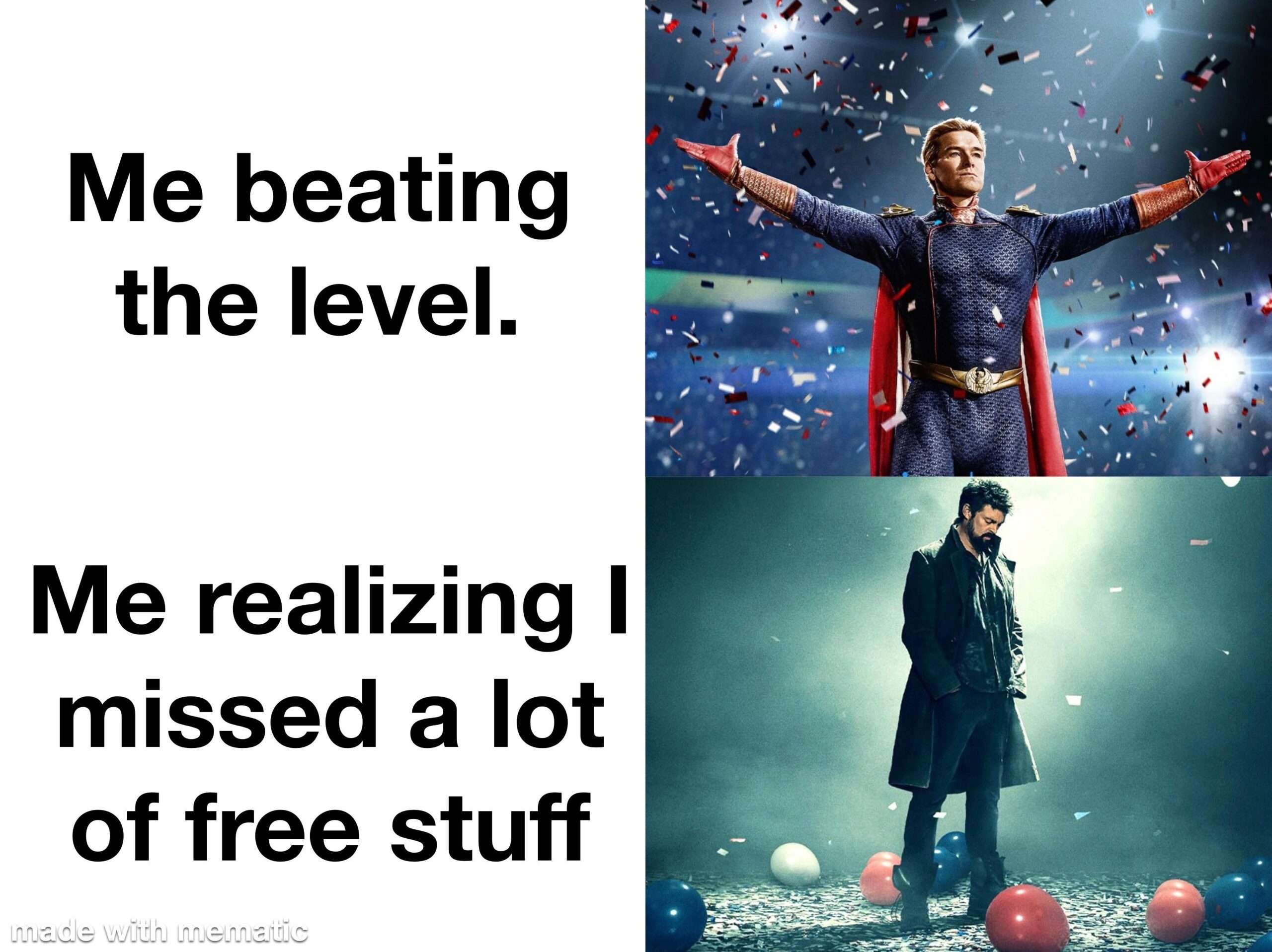 Gamer meme beats level then misses lots of free stuff