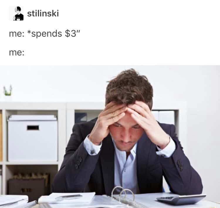 Stressed office man meme panics after spending just 3 dollars
