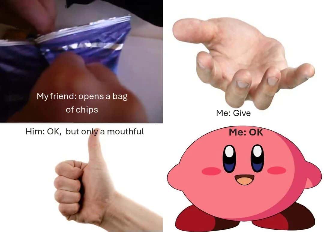 Kirby meme eats all chips after friend says only a mouthful