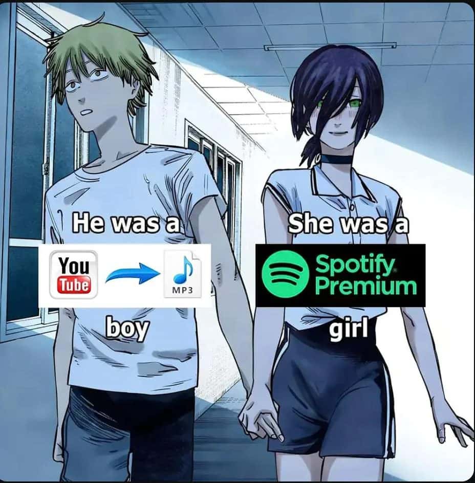 Youtube to mp3 boy and spotify premium girl meme holding hands