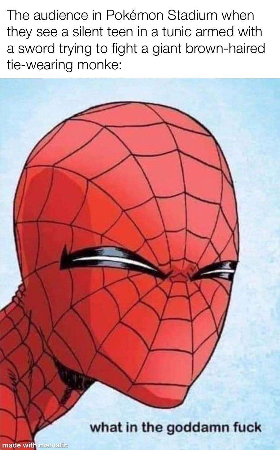Spider man squinting meme reacting to a wild crossover fight