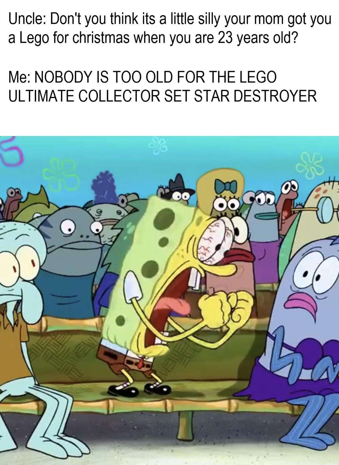 Spongebob yelling meme defending adult lego star destroyer set