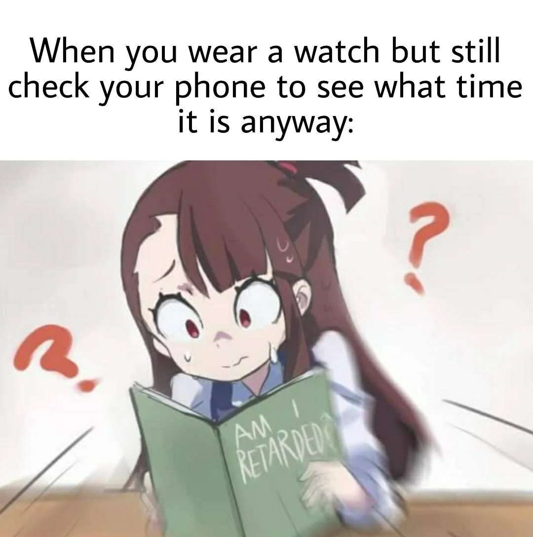 Anime girl meme wears watch but still checks phone