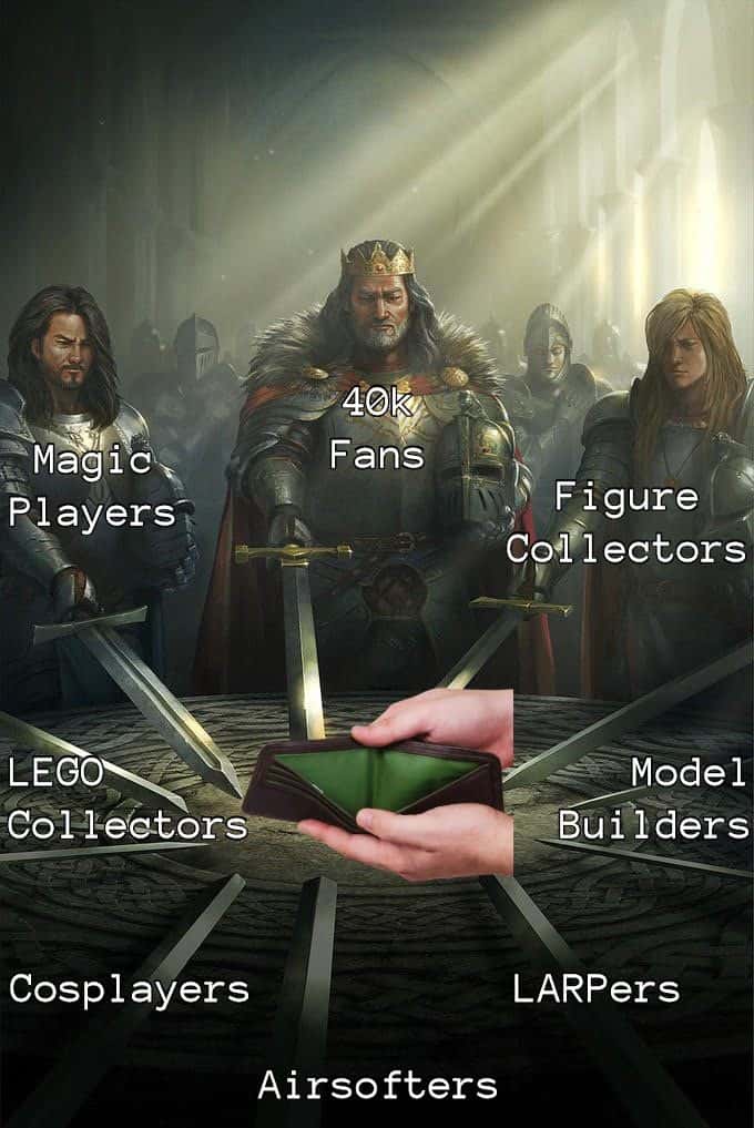 Geek hobby groups meme point swords at empty wallet