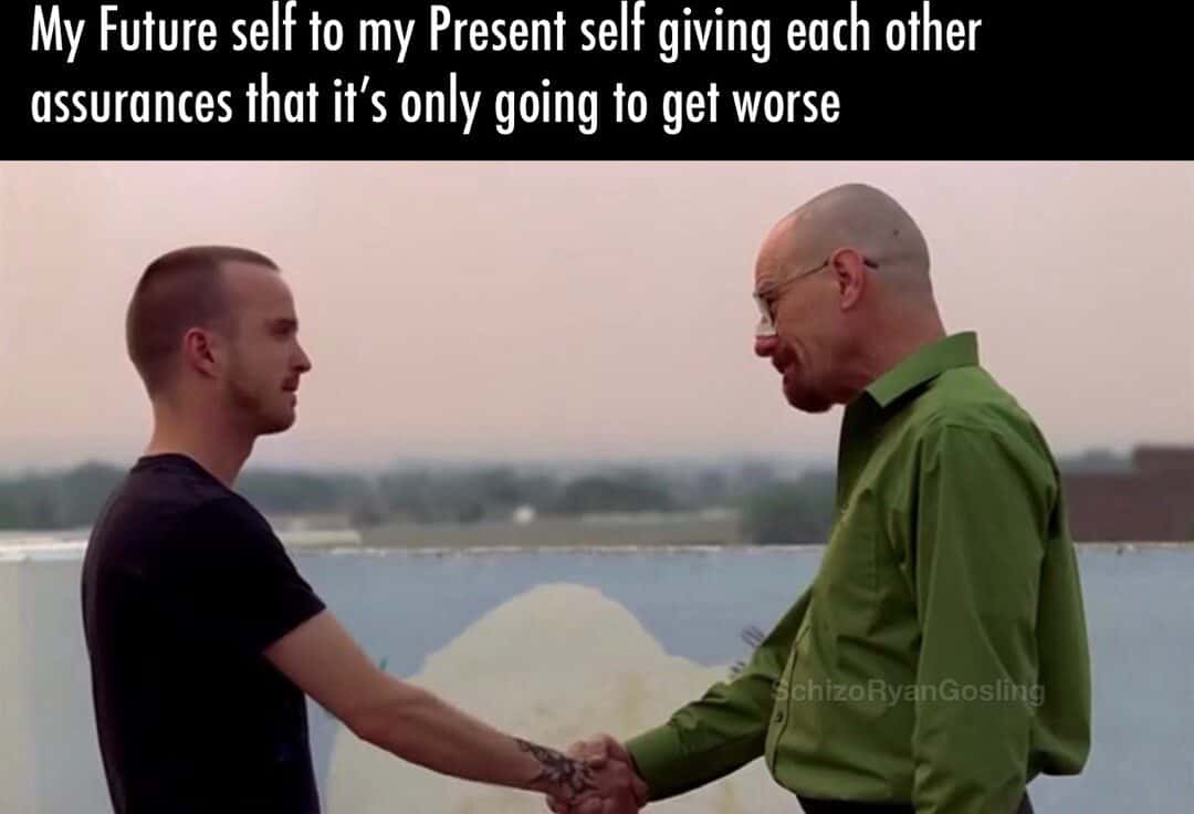 Future self and present self meme shaking hands confirming it will only get worse