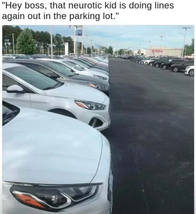 Perfectly parked cars meme reported to boss doing lines in parking lot