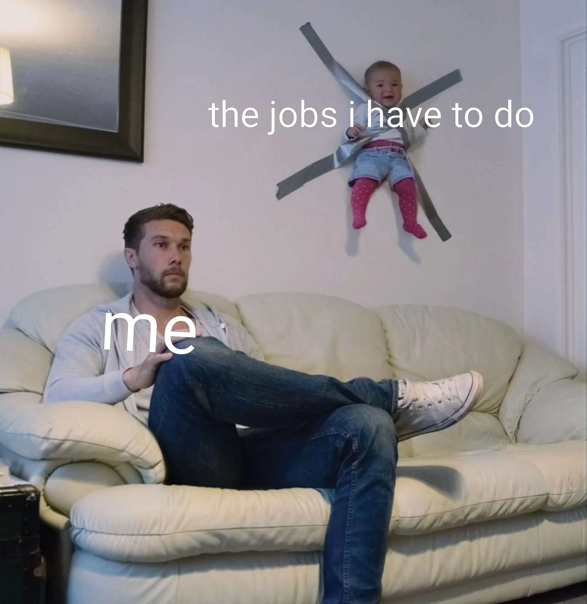 Man meme ignores taped baby jobs