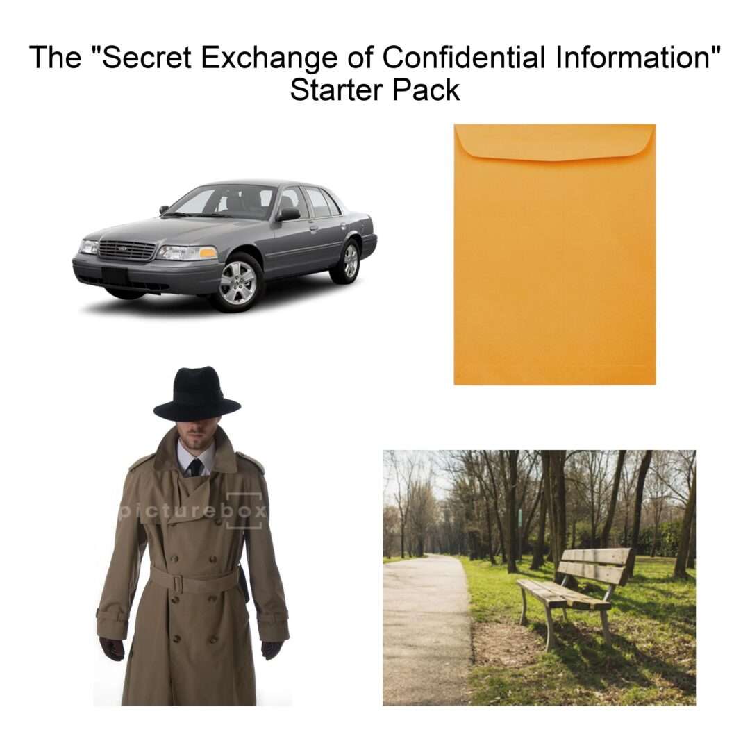 Secret confidential info exchange starter pack meme leaving envelope at park