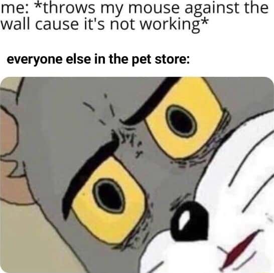 Tom staring meme pet store people shocked at throwing computer mouse