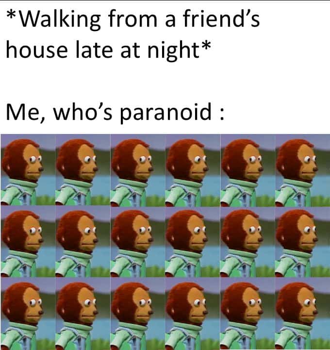 Side eye monkey meme looking around paranoid walking home late
