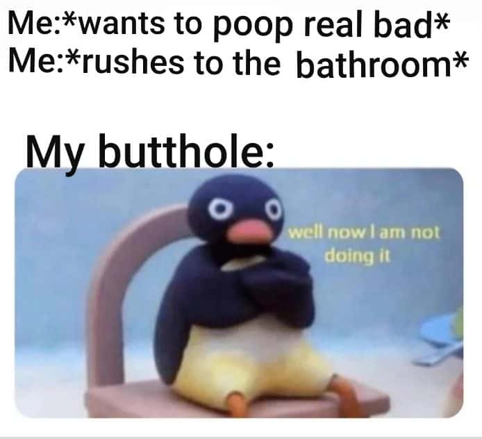 Pingu meme refuses to poop when you rush to the bathroom