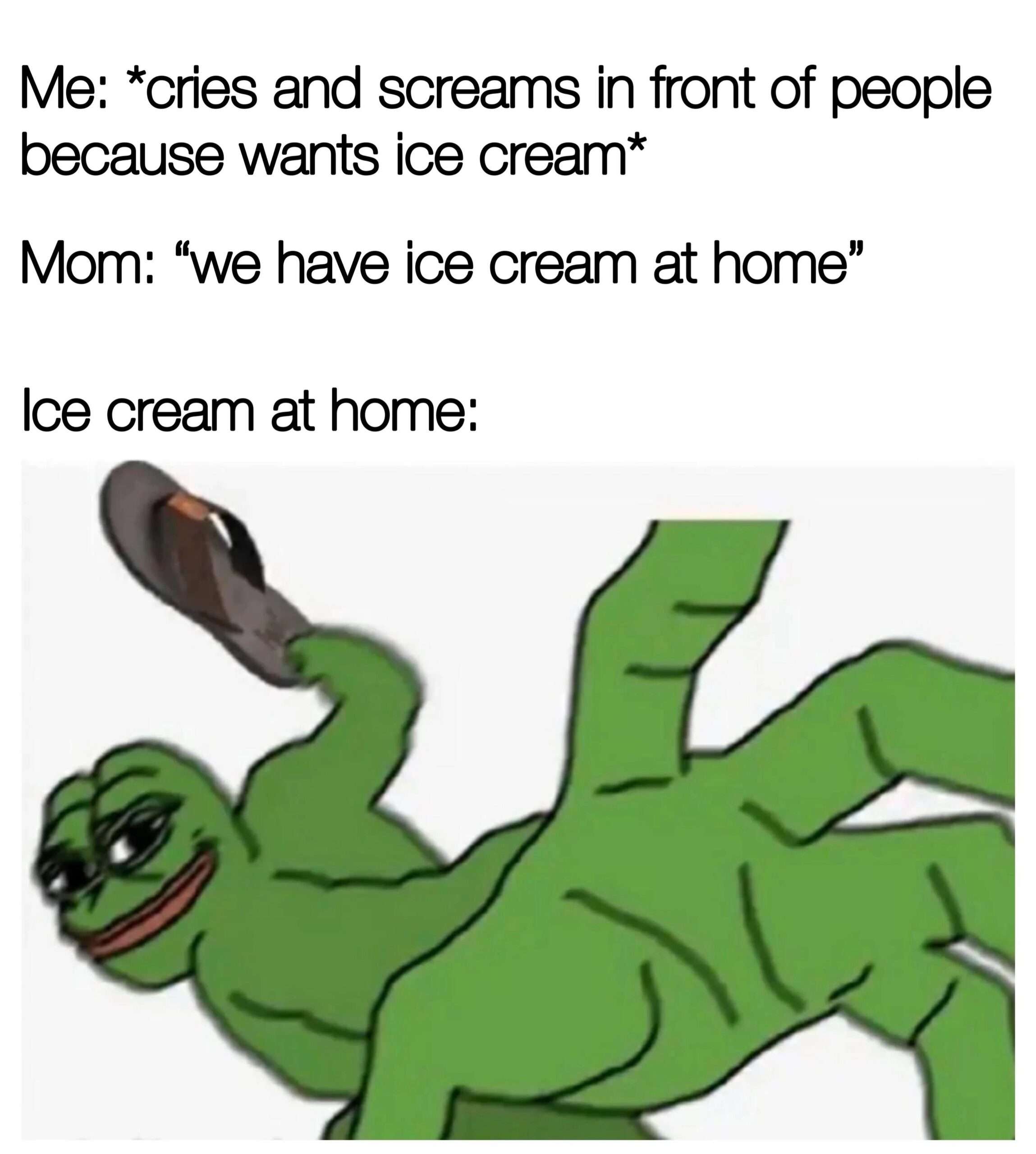 Pepe frog meme holding slipper as the disappointing ice cream at home