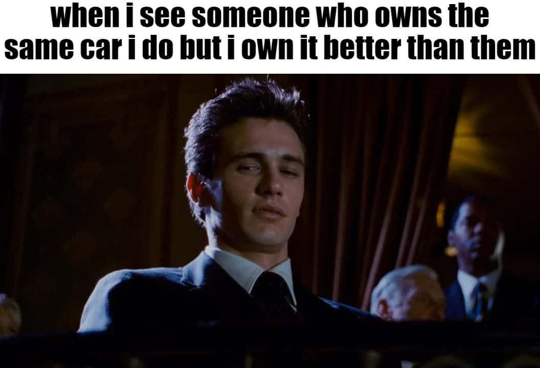 Smug James Franco meme feeling superior to others who own the same car