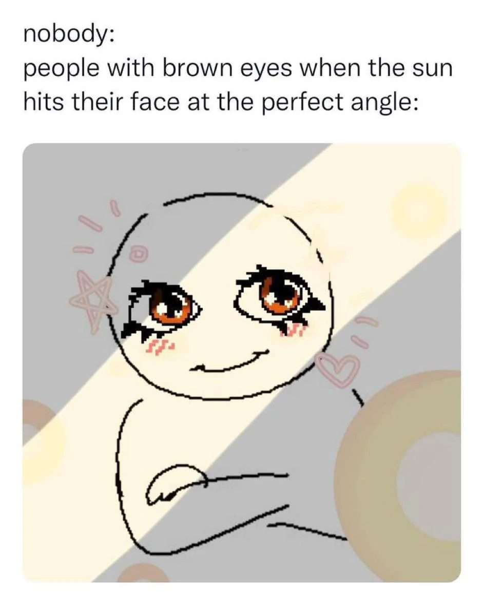 People with brown eyes meme glowing when sun hits face at perfect angle