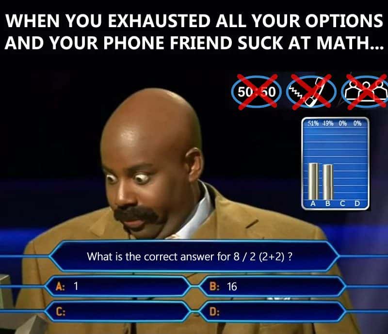 Steve harvey meme confused over 8/2(2+2) math problem