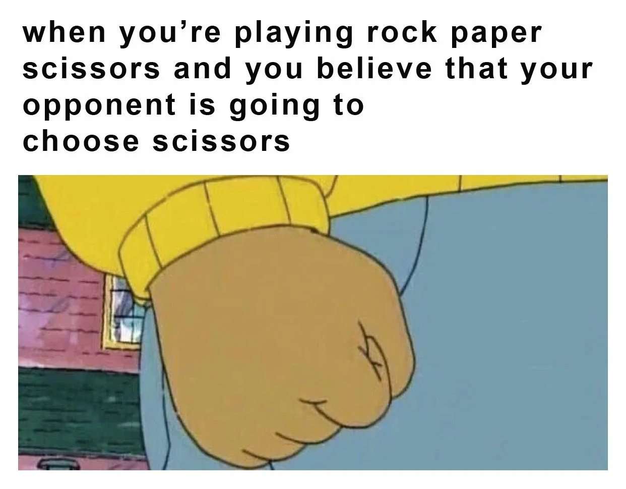Cartoon arthur fist meme plotting paper against anticipated scissors choice