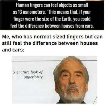 Signature look of superiority meme feeling superior over sensitive human fingers
