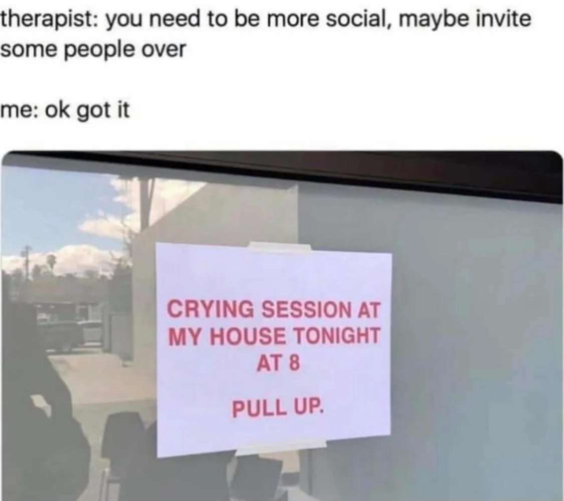 Introvert meme invites people over to home crying session after therapist advises to be more social
