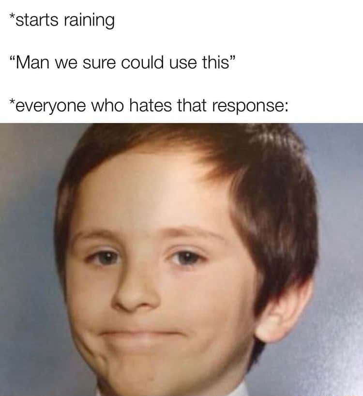 Awkward white people smile meme hating that rain comment