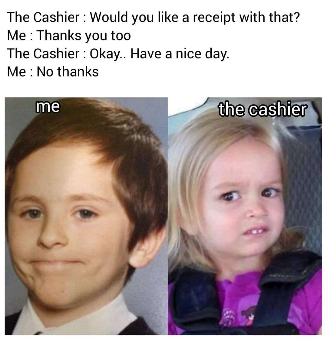 Awkward white people smile meme messing up cashier chat