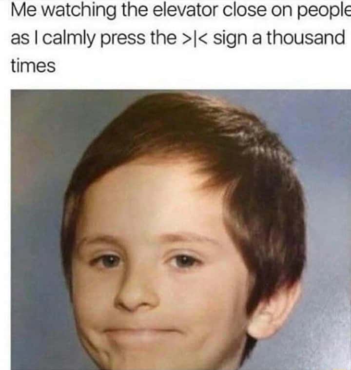 Awkward white people smile meme trolling people with elevator buttons