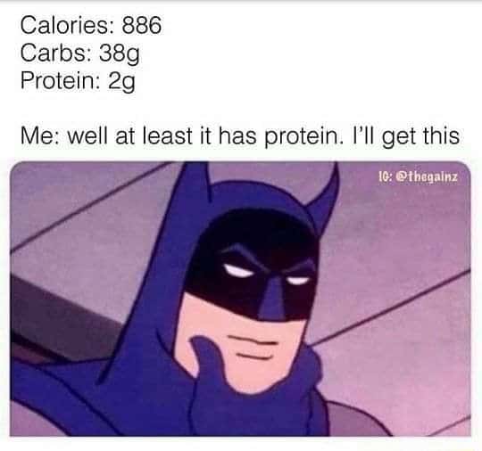 Batman thinking meme justifying food for tiny protein Batman thinking meme justifying food for tiny protein