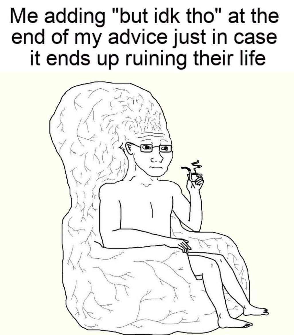Big brain wojak meme adding disclaimers after giving advice