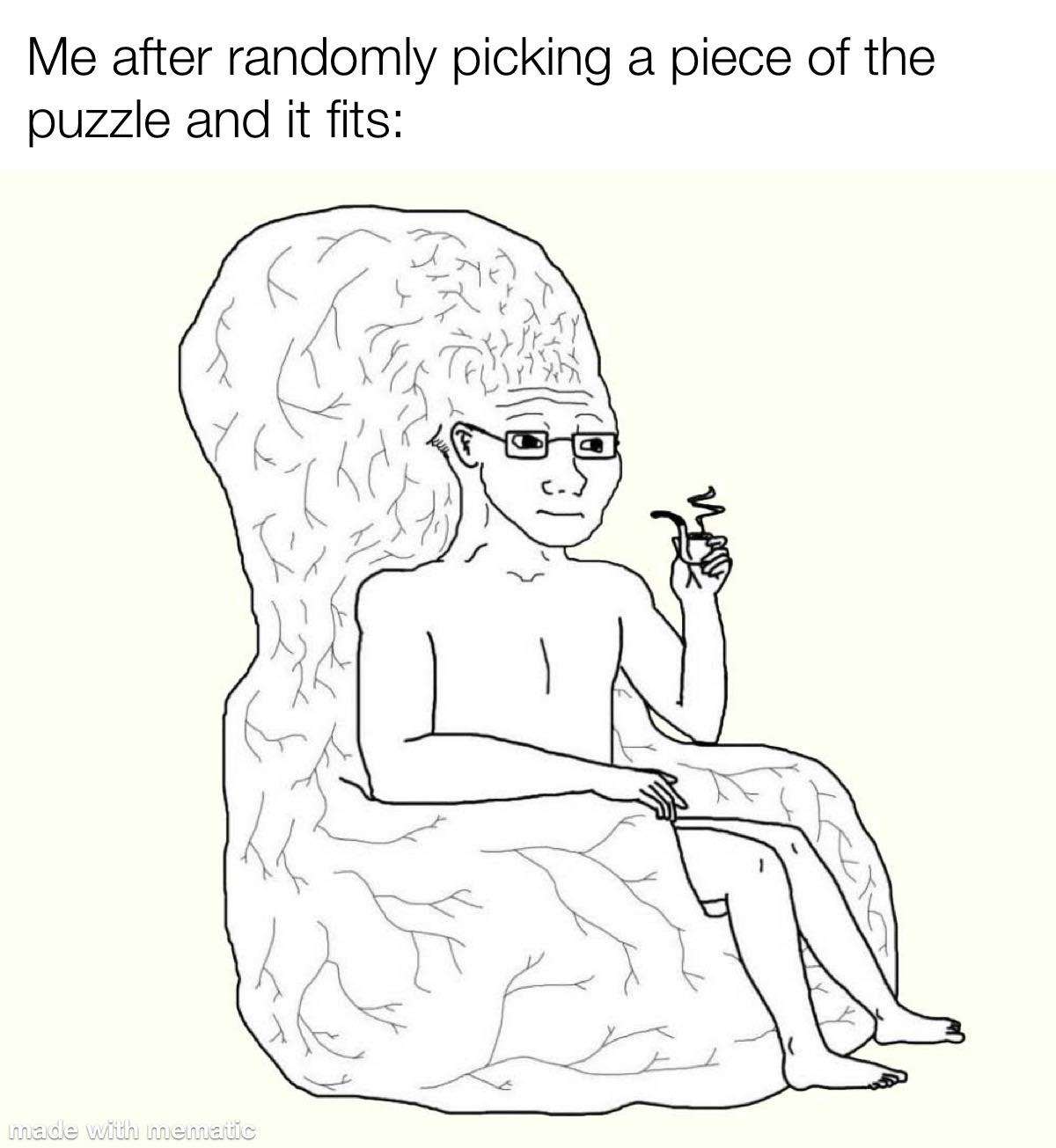 Big brain wojak meme feeling proud after lucky puzzle match