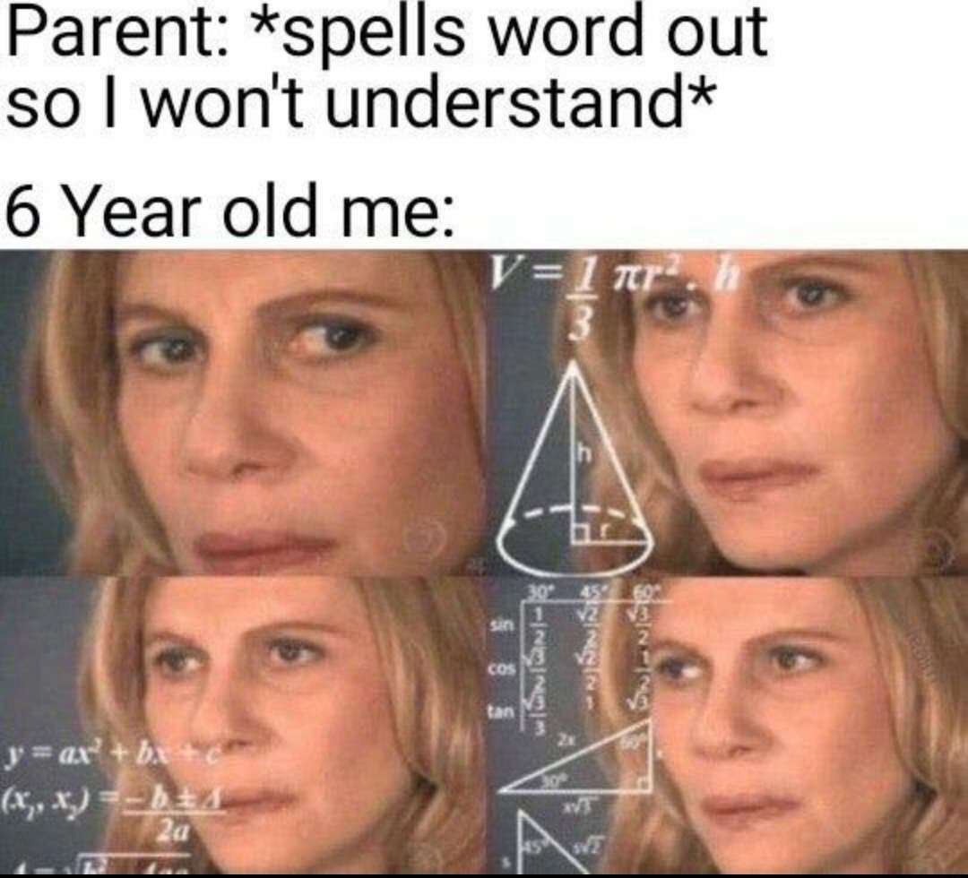 Confused math lady meme understands parent spelling words